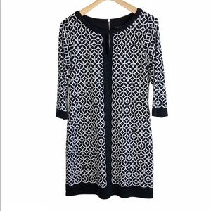 WHBM 3/4 Sleeve Shift Dress Keyhole Front Black White Size Medium